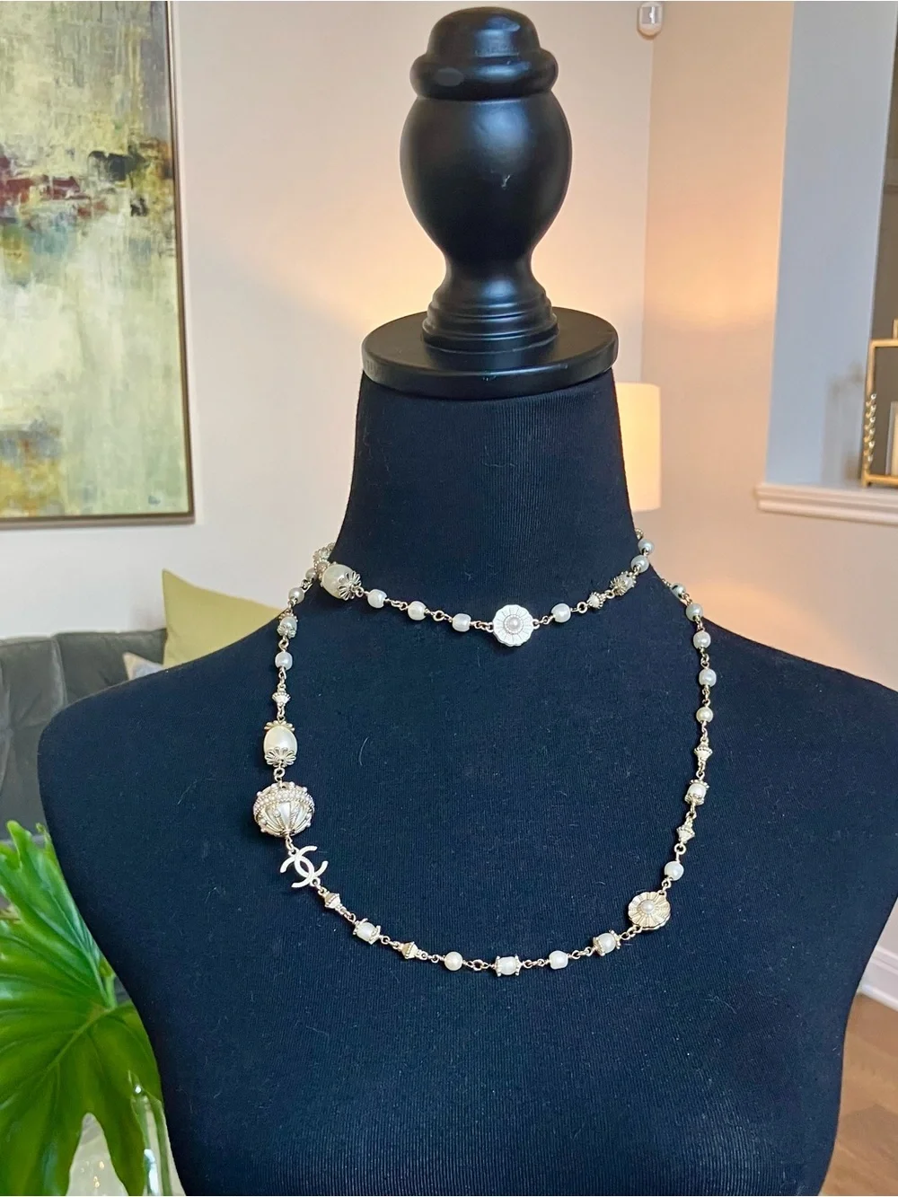 CHANEL 2021 Byzantine Gold-Tone Necklace with Pearl Stations and CC Accents